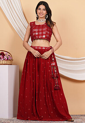 Embroidered Crepe Skirt in Maroon