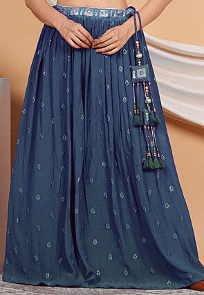 Embroidered Crepe Skirt in Teal Blue