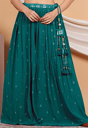Embroidered Crepe Skirt in Teal Green