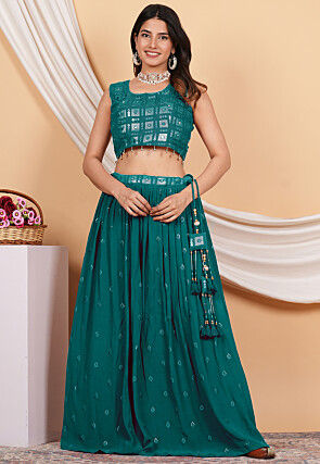 Embroidered Crepe Skirt in Teal Green