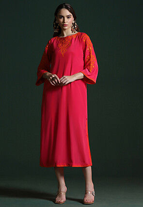 Embroidered Crepe Straight Kurta in Fuchsia