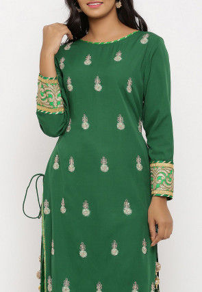 Embroidered Crepe Straight Kurta in Green