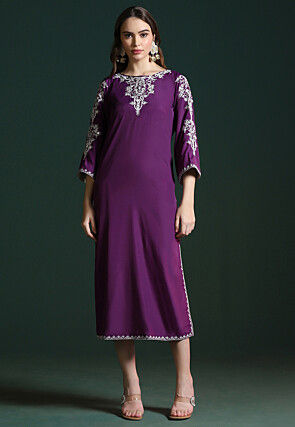 Embroidered Crepe Straight Kurta in Purple
