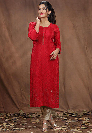 Embroidered Crepe Straight Kurta in Red