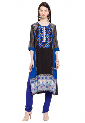 Embroidered Crepe Straight Kurta Set in Black and Blue