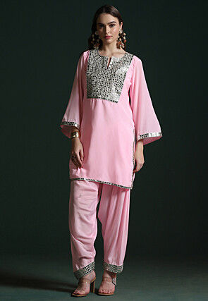 Embroidered Crepe Straight Kurta Set in Pink