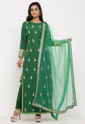 Embroidered Crepe Straight Suit in Green