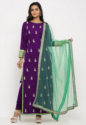 Embroidered Crepe Straight Suit in Purple