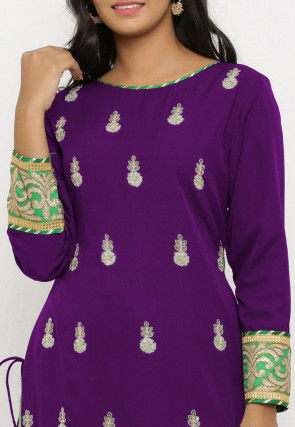 Embroidered Crepe Straight Suit in Purple