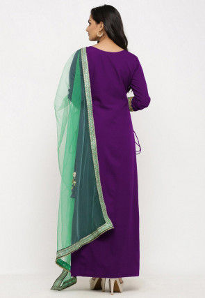 Embroidered Crepe Straight Suit in Purple