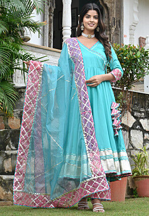 Embroidered Crepe Tiered A Line Suit in Turquoise