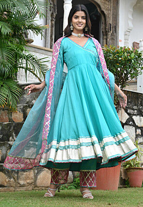 Embroidered Crepe Tiered A Line Suit in Turquoise