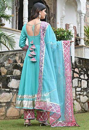 Embroidered Crepe Tiered A Line Suit in Turquoise