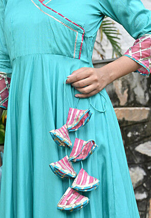 Embroidered Crepe Tiered A Line Suit in Turquoise