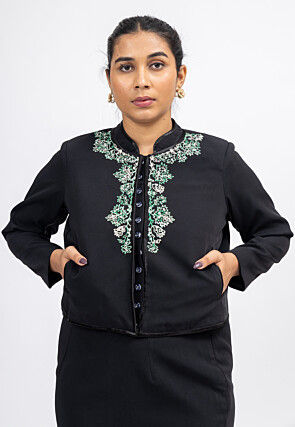 Embroidered Crepe Jacket in Black