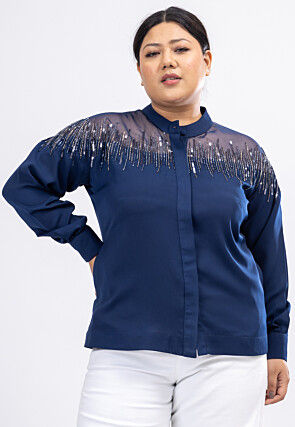 Embroidered Crepe Top in Navy Blue