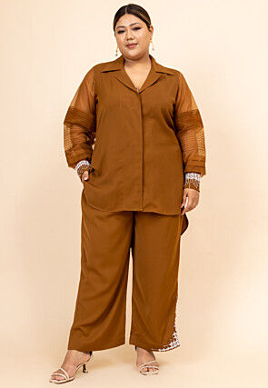 Embroidered Crepe Top Set in Light Brown