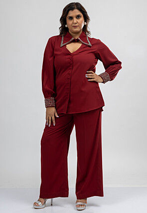 Embroidered Crepe Top Set in Maroon