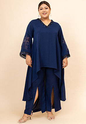 Embroidered Crepe Tunic Set in Navy Blue