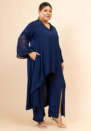Embroidered Crepe Tunic Set in Navy Blue