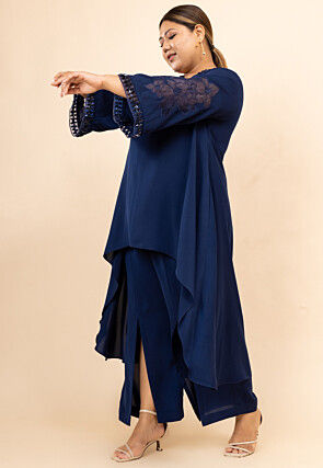Embroidered Crepe Tunic Set in Navy Blue