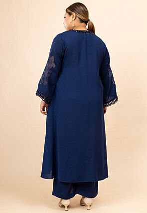 Embroidered Crepe Tunic Set in Navy Blue