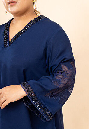 Embroidered Crepe Tunic Set in Navy Blue