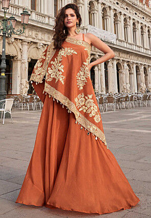 Embroidered Crepe Tunic Set in Orange