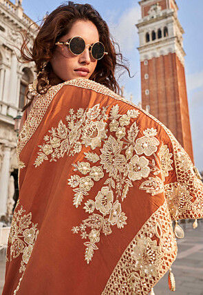Embroidered Crepe Tunic Set in Orange