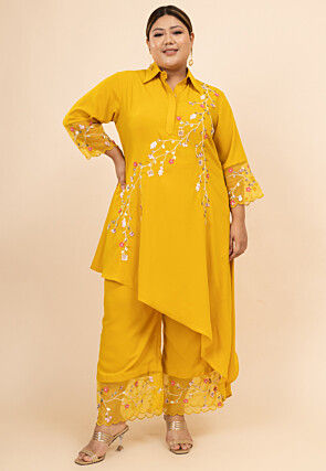 Embroidered Crepe Tunic Set in Yellow