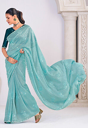 Embroidered Crushed Art Silk Saree in Blue