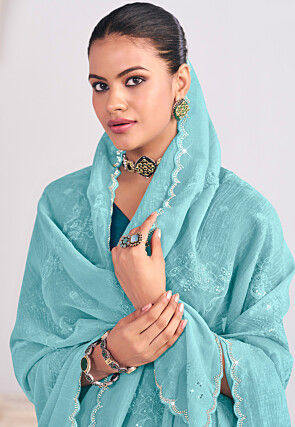 Embroidered Crushed Art Silk Saree in Blue