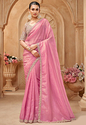 Embroidered Crushed Art Silk Scalloped Saree in Pink