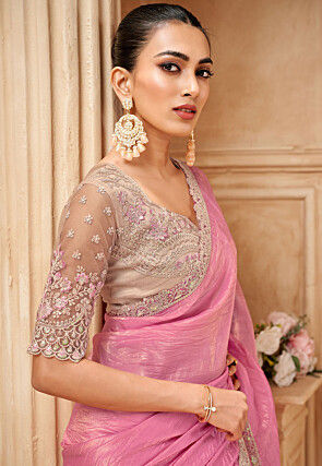 Embroidered Crushed Art Silk Scalloped Saree in Pink