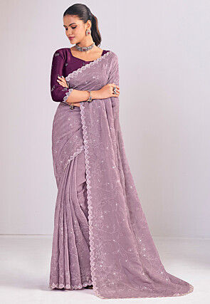 Embroidered Crushed Art Silk Saree in Purple