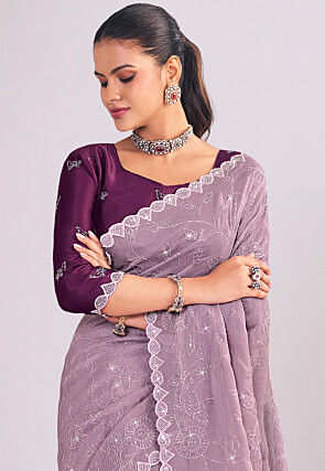 Embroidered Crushed Art Silk Saree in Purple
