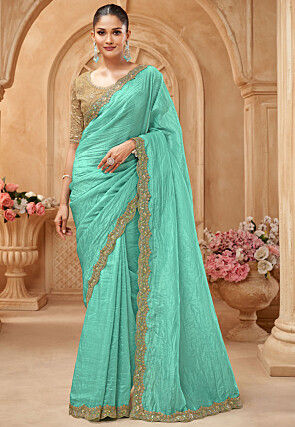 Embroidered Crushed Art Silk Scalloped Saree in Sea Green