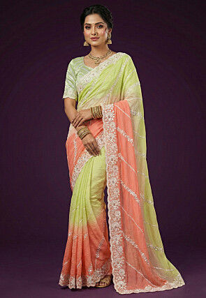 Embroidered Crushed Art Silk Saree in Shaded Green and Peach