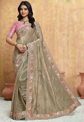 Embroidered Crushed Art Silk Scalloped Saree in Beige