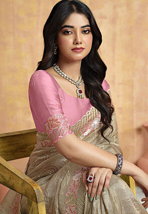 Embroidered Crushed Art Silk Scalloped Saree in Beige