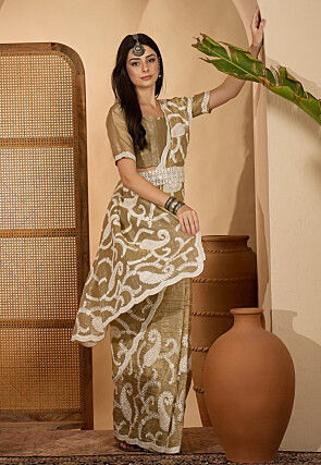 Embroidered Crushed Art Silk Scalloped Saree in Dusty Green