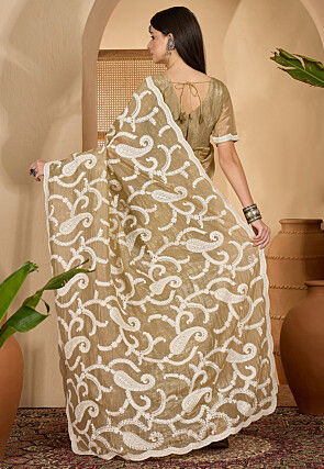 Embroidered Crushed Art Silk Scalloped Saree in Dusty Green