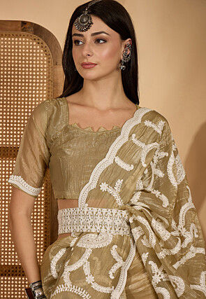 Embroidered Crushed Art Silk Scalloped Saree in Dusty Green