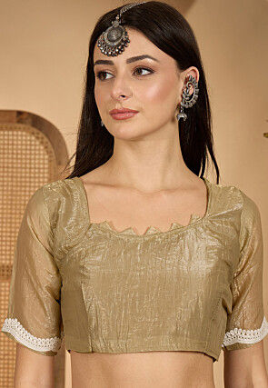 Embroidered Crushed Art Silk Scalloped Saree in Dusty Green