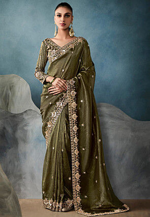 Embroidered Crushed Art Silk Scalloped Saree in Green