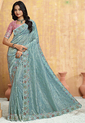 Embroidered Crushed Art Silk Scalloped Saree in Light Blue
