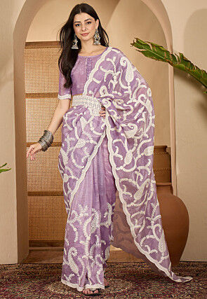 Embroidered Crushed Art Silk Scalloped Saree in Light Purple