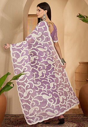 Embroidered Crushed Art Silk Scalloped Saree in Light Purple