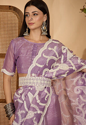 Embroidered Crushed Art Silk Scalloped Saree in Light Purple