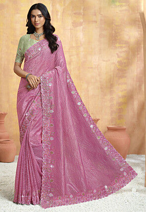 Embroidered Crushed Art Silk Scalloped Saree in Pink